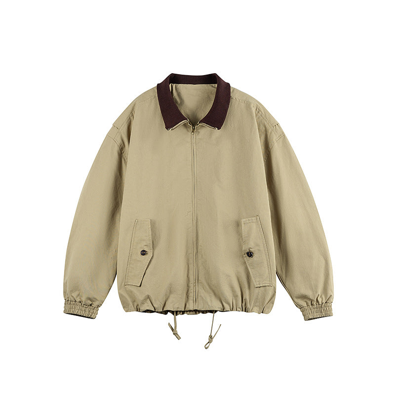 Men's Boxy Zip Transition Jacket made of durable canvas with contrasting knit collar, drawstring and flap pockets Chichicherry