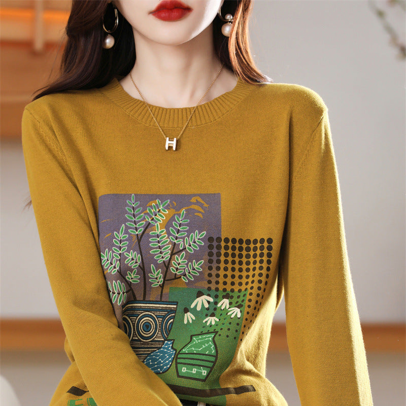 Ladies Lightweight Round Neck Sweater with Graphic Plant Print and Fine Knit Chichicherry