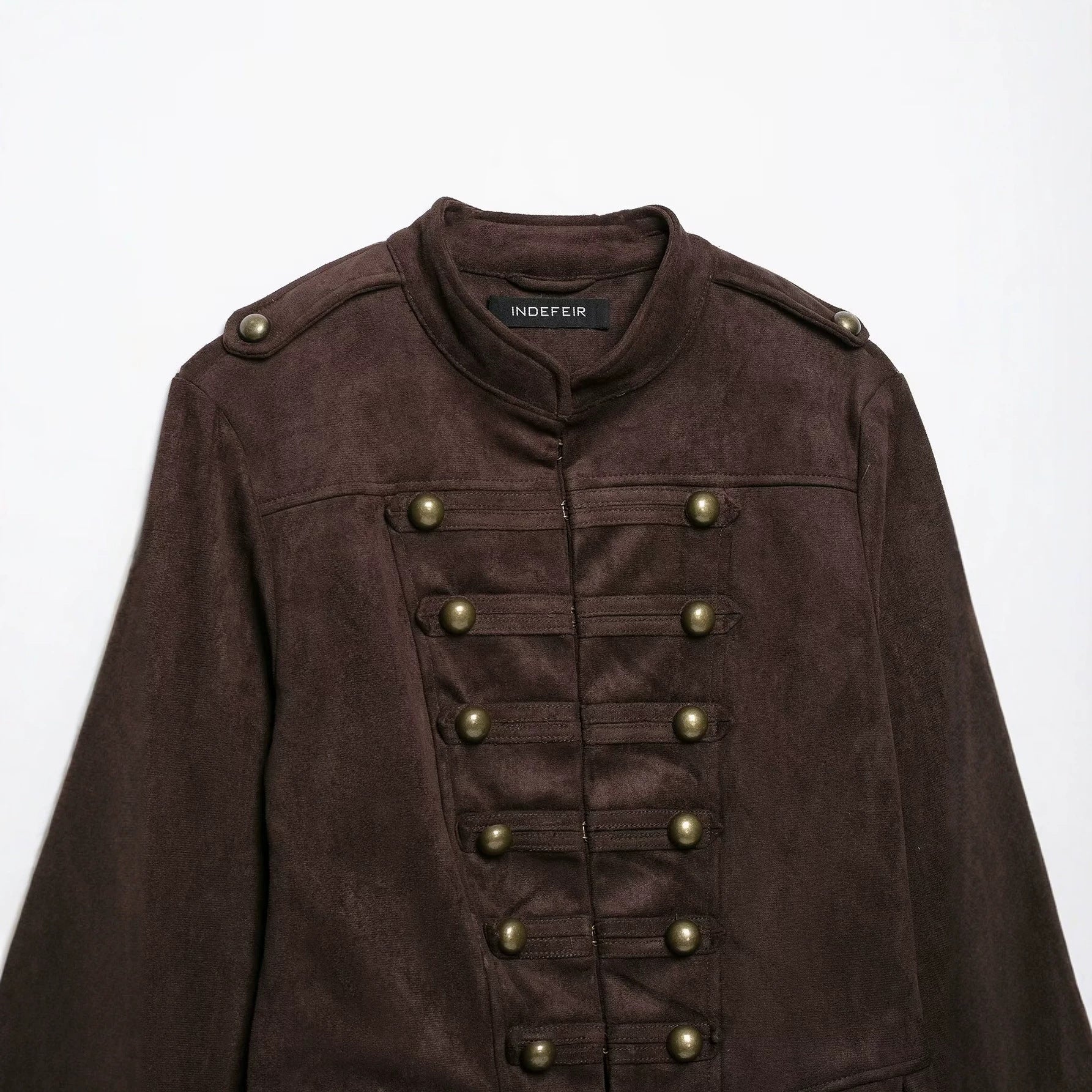 Ladies tailored jacket in musketeer style made of suede look with decorative button placket and shoulder straps Chichicherry