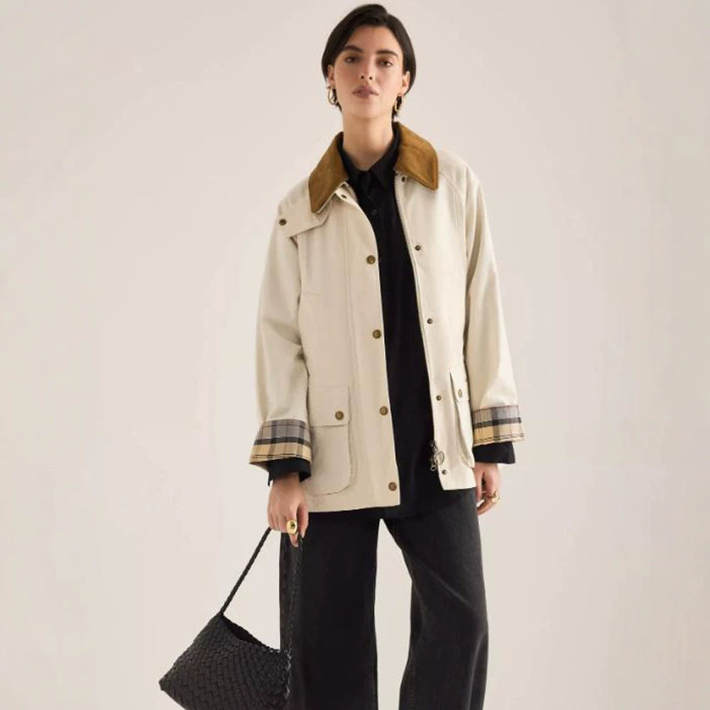 Women's transitional jacket with corduroy collar, checkered inner cuffs, and patch pockets Chichicherry