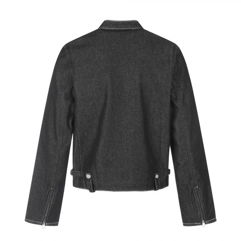 Men's short cut boxy denim jacket in worker blouson style with stand-up collar and metal applications Chichicherry