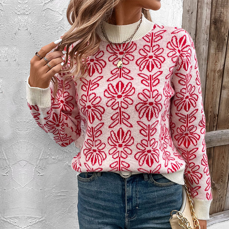 Women Knitted Jacquard Sweater with Floral Pattern and Ribbed Cuffs Chichicherry