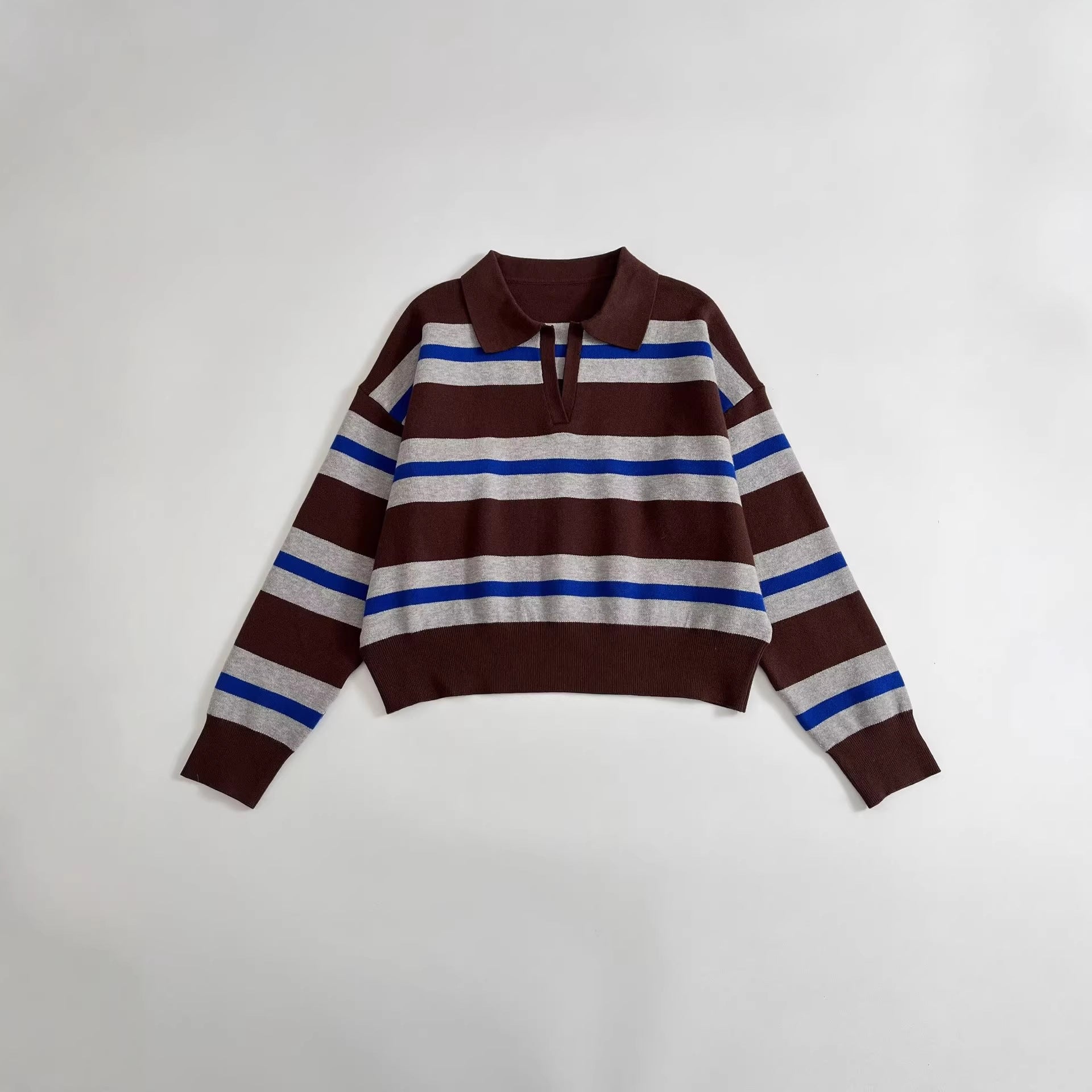 Women's Striped Polo Collar Sweater with Boxy Fit and V-Neck Chichicherry