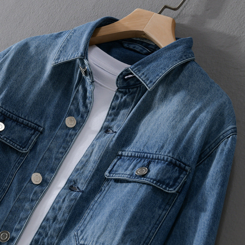 Men's Denim Utility Shirt Jacket with Chest Pockets and Casual Fit Chichicherry