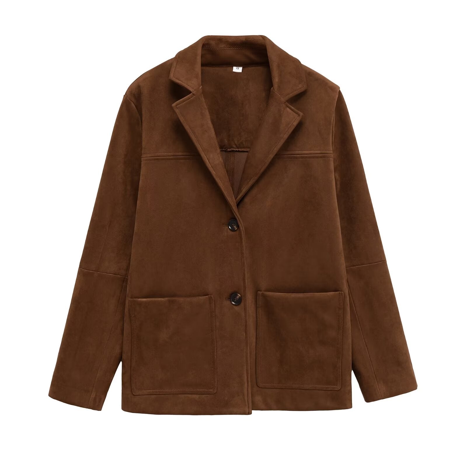 Women Short Suede-Look Coat with Notched Collar and Applied Pockets Chichicherry