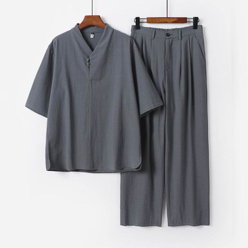 Men's Two-Piece Lightweight Kimono Loungewear Set with Stand Collar Tie Closure Short Sleeve and Wide Leg Pants Chichicherry