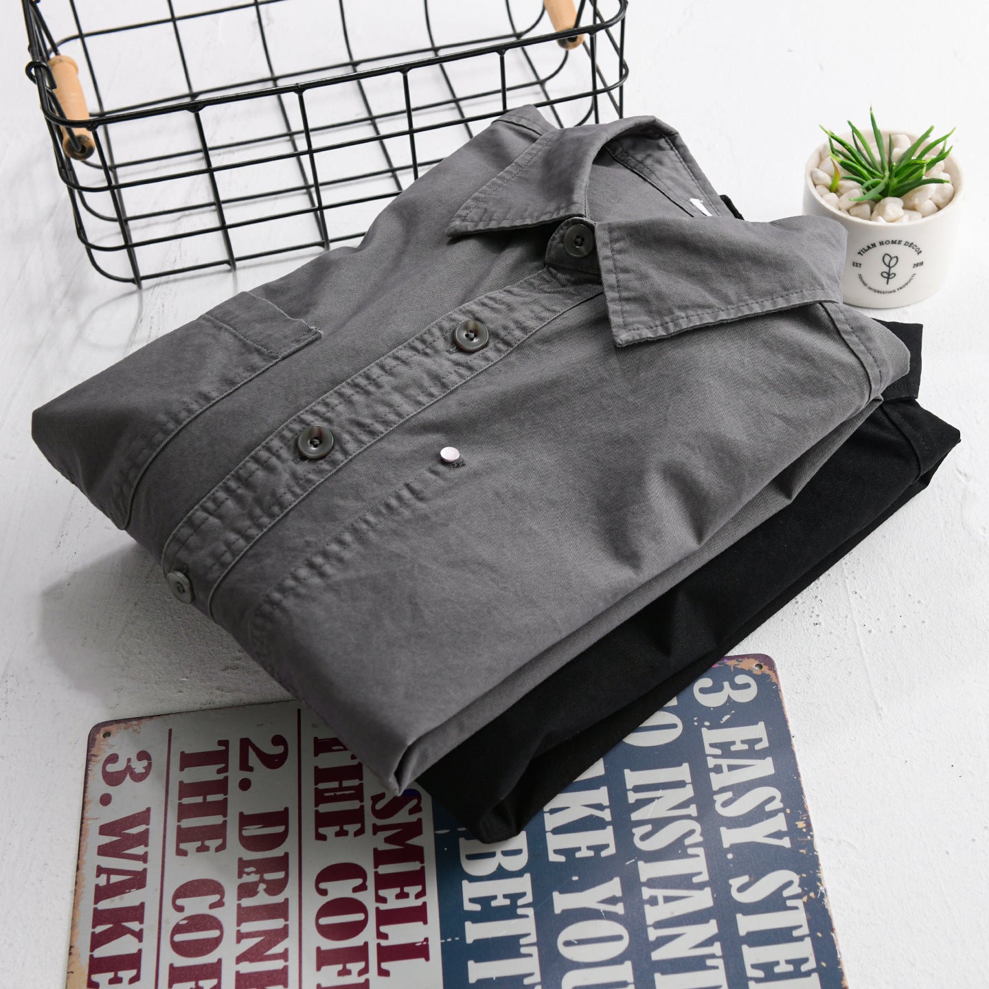 Men's Relaxed-Fit Cotton Overshirt Jacket with Double Chest Pockets and Kent Collar Chichicherry