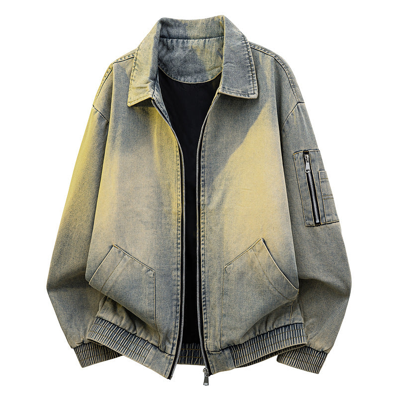 Men's Oversized Jeans-Bomber Jacket with Used Wash and Zip Arm Pocket Chichicherry