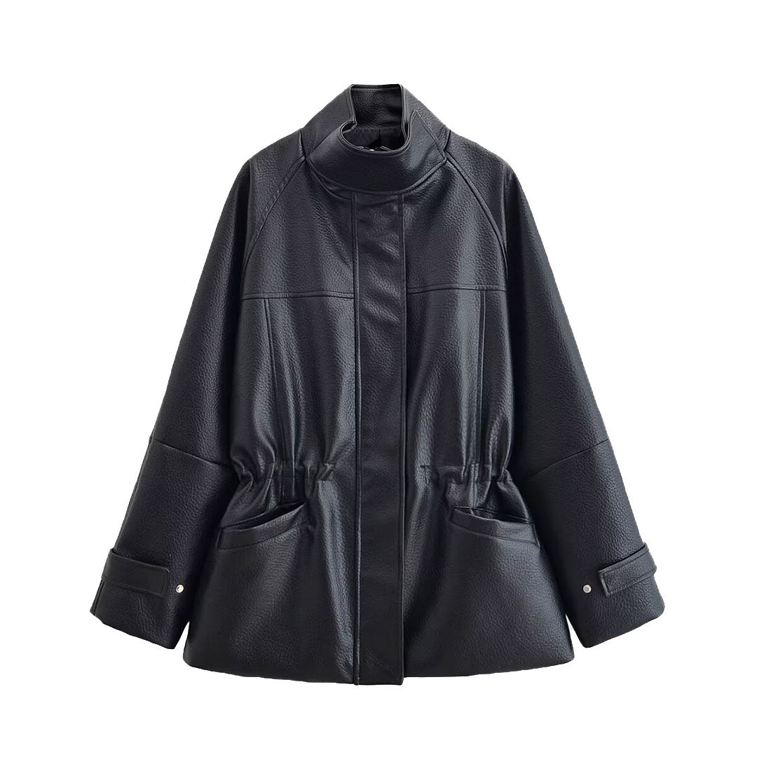 Women's Oversize Faux Leather Jacket with Stand-Up Collar, Drawstring Waist and Patch Pockets Chichicherry