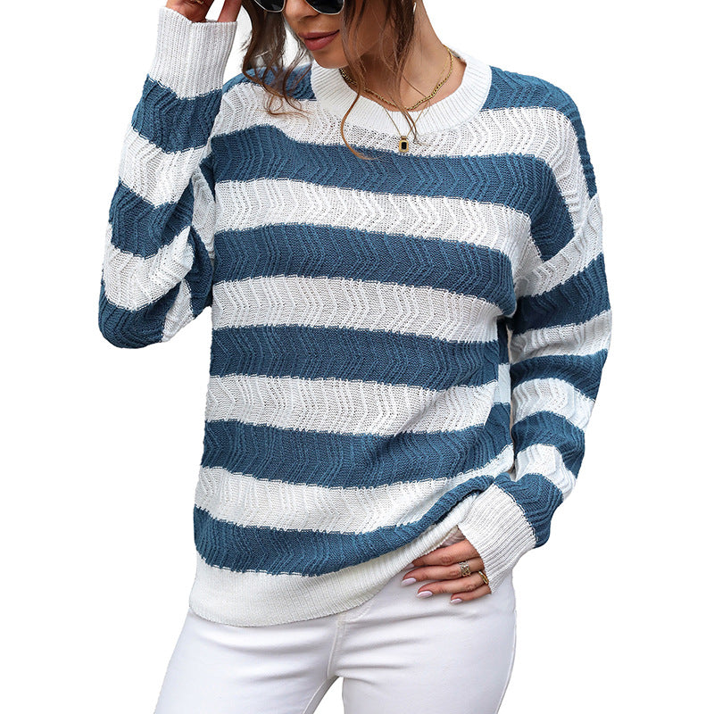 Women's Striped Openwork Knit Sweater with Wavy Design, Loose Fit and Ribbed Cuffs