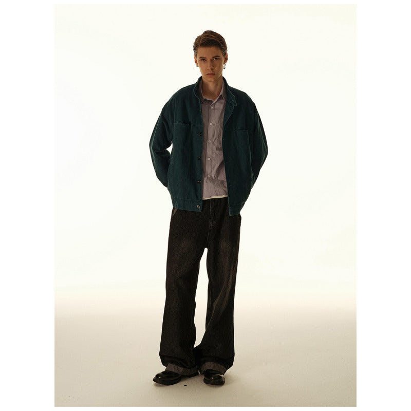 Men's Loose Canvas Overshirt with Stand-Up Collar, Patch Pockets and Distinctive Stitching Details Chichicherry