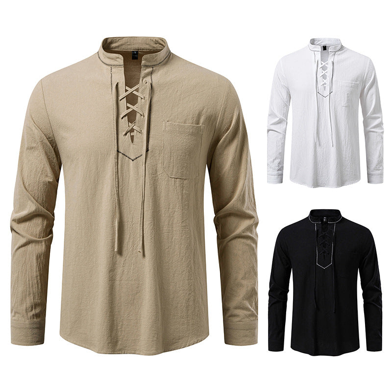 Men's Lightweight Cotton Blend Henley Shirt with Lace Placket and Stand-Up Collar Chichicherry