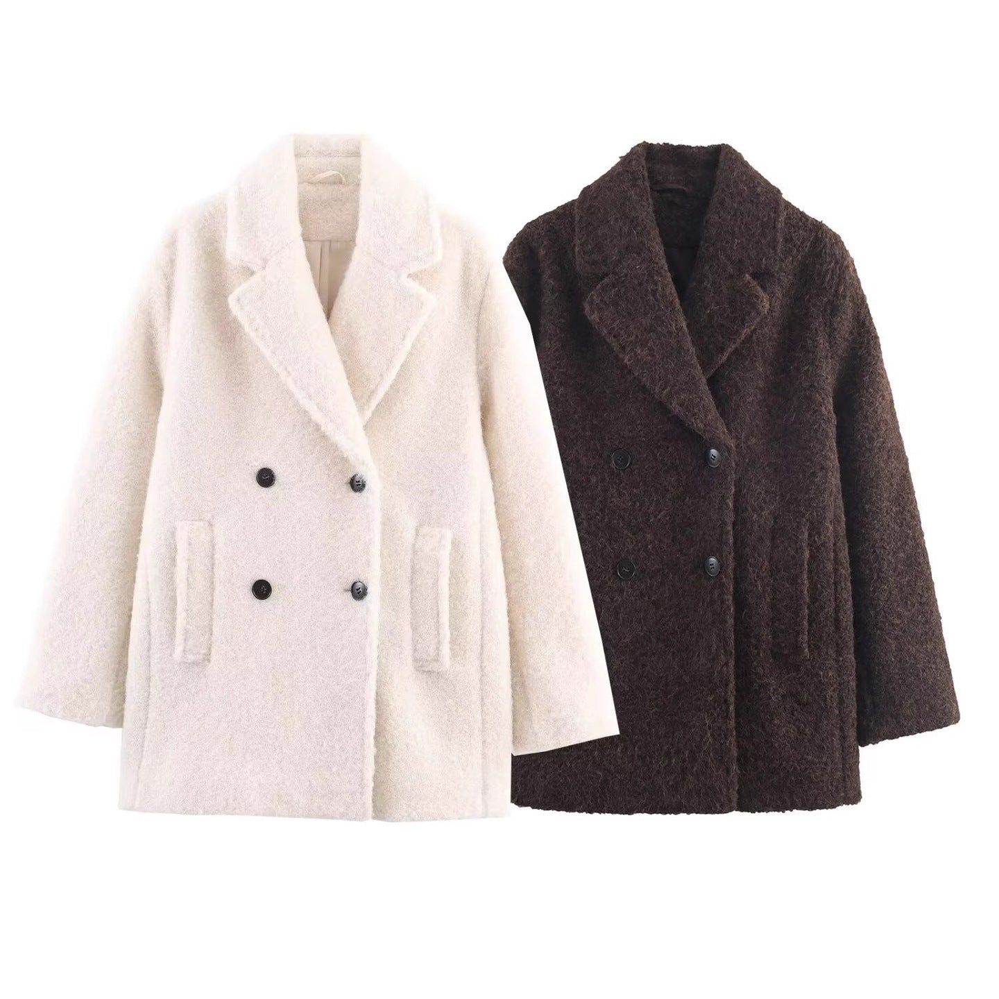 Ladies Double-Breasted Teddy Coat with Shawl Collar and Patch Pockets Chichicherry