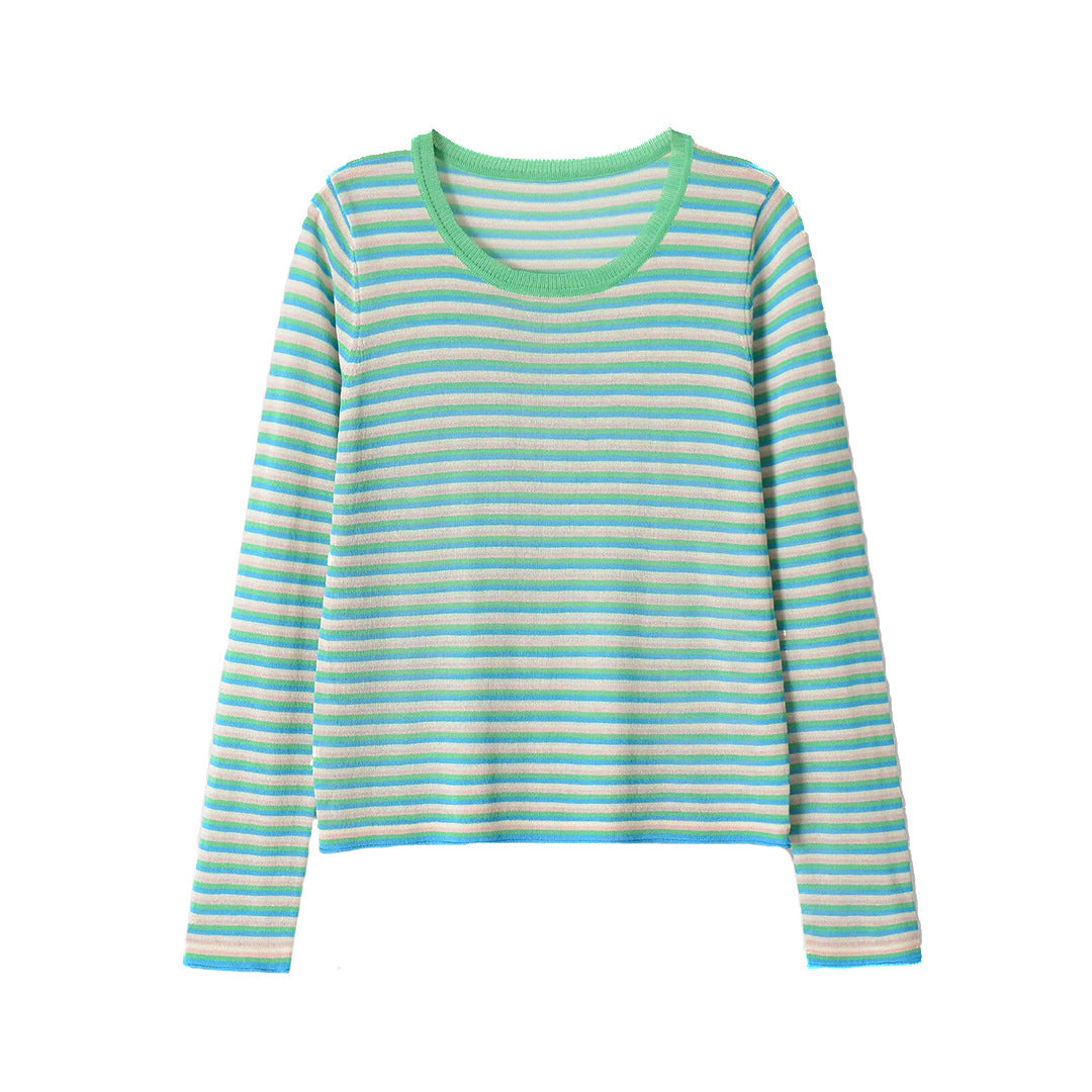 Women Striped Fine Knit Long Sleeve Shirt with Round Neckline and Figure Flattering Silhouette Chichicherry