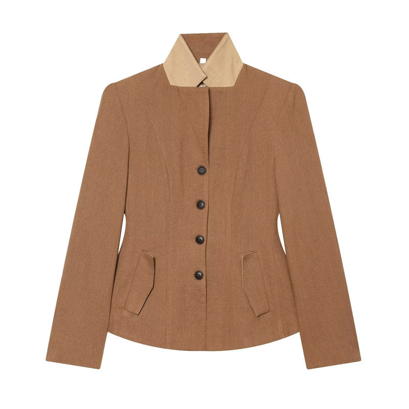 Women's Tailored Wool Riding Jacket with Stand-Up Collar and Flap Pockets Chichicherry