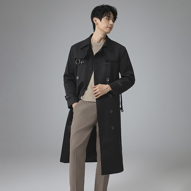 Men's Modern Tech Trench Coat with Double-Breasted Button Placket, Tie Belt and Subtle Ring Details Chichicherry