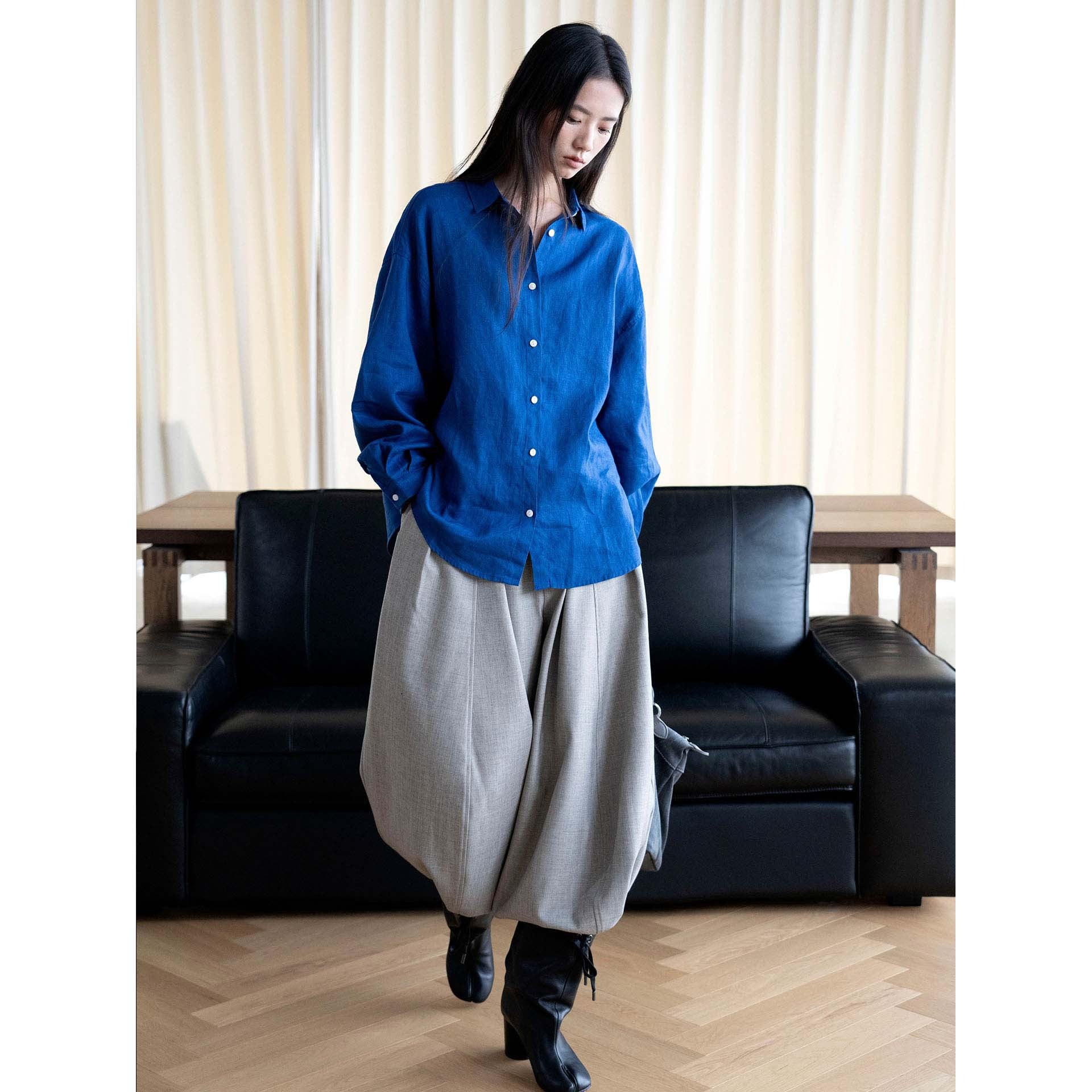 Women's Relaxed-Fit Linen Shirt Blouse with Classic Collar and Rounded Hem Chichicherry