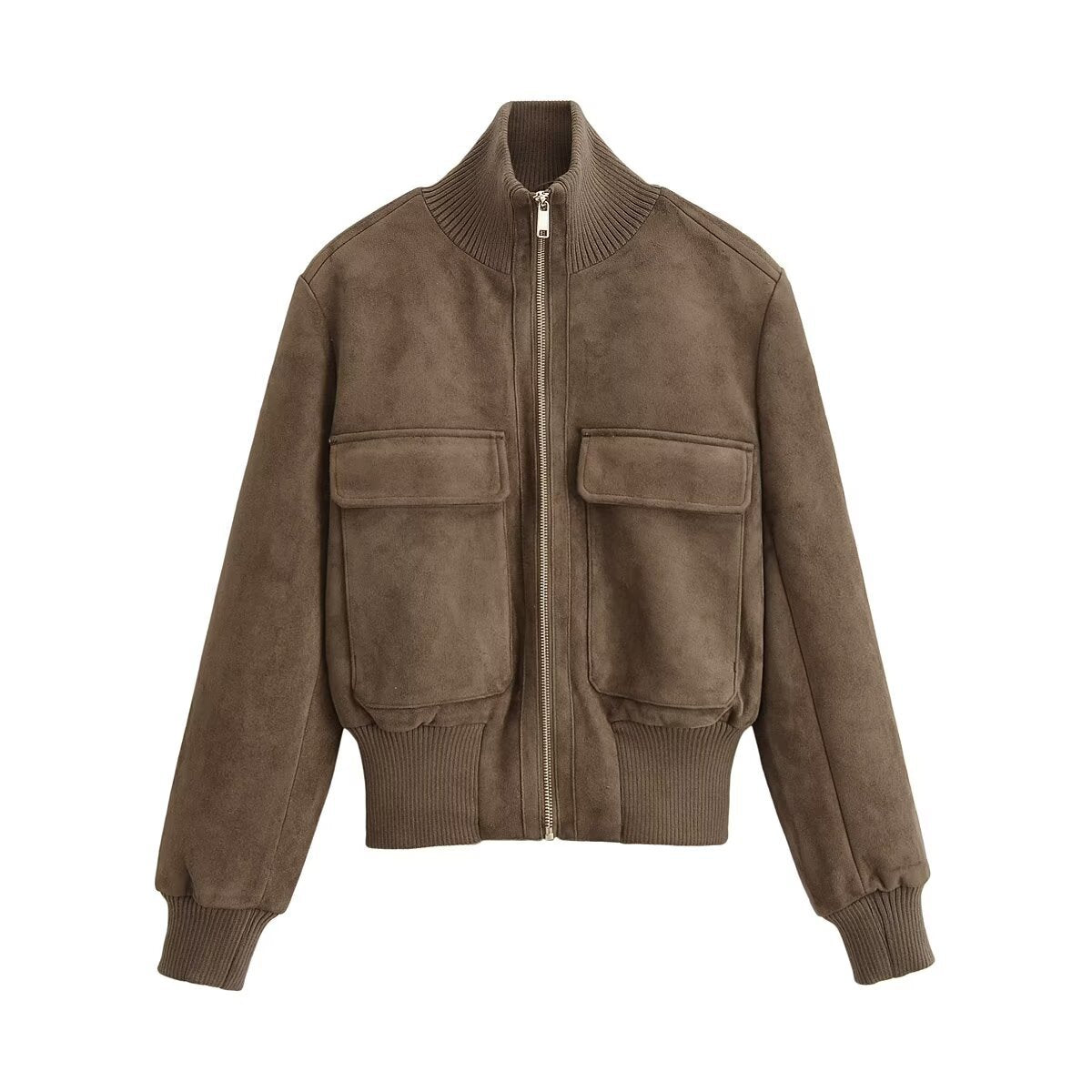Women Short Cut Suede Look Bomber Jacket with Stand-Up Collar and Large Flap Pockets Chichicherry