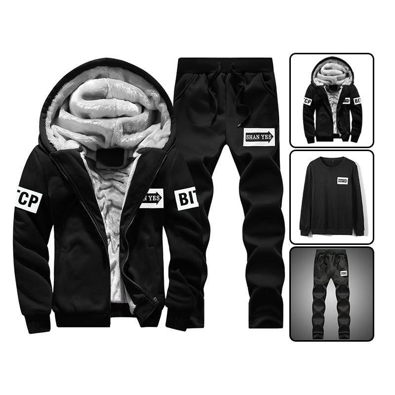 Men's warm two-piece training set with teddy lining, hooded jacket and drawstring jogging pants Chichicherry
