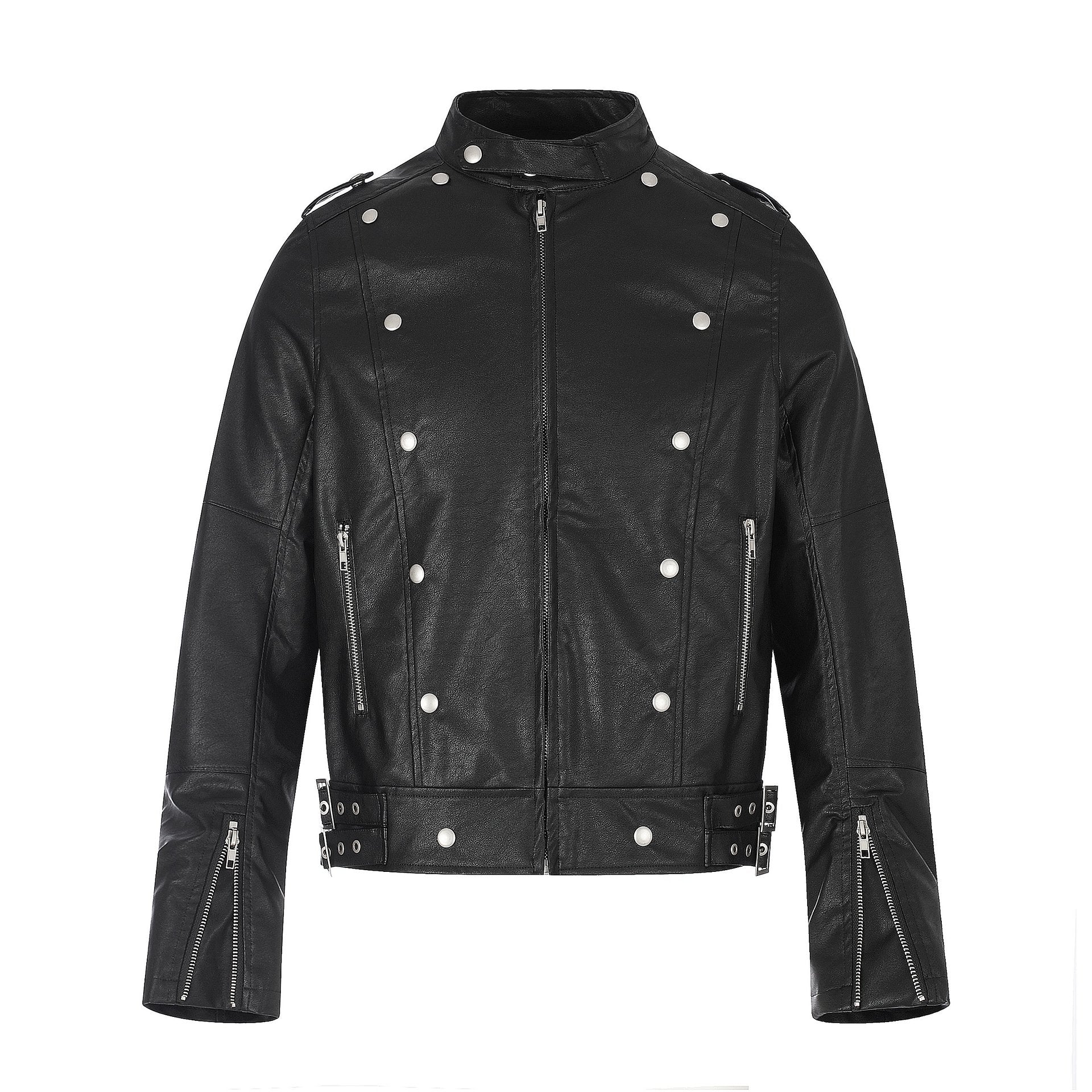 Men's biker leather jacket in military style with studs, stand-up collar and waist belt Chichicherry