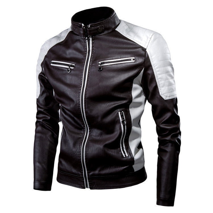 Men's Faux Leather Moto Jacket in Slim Fit with Padded Shoulder Panels and Zip Pockets Chichicherry