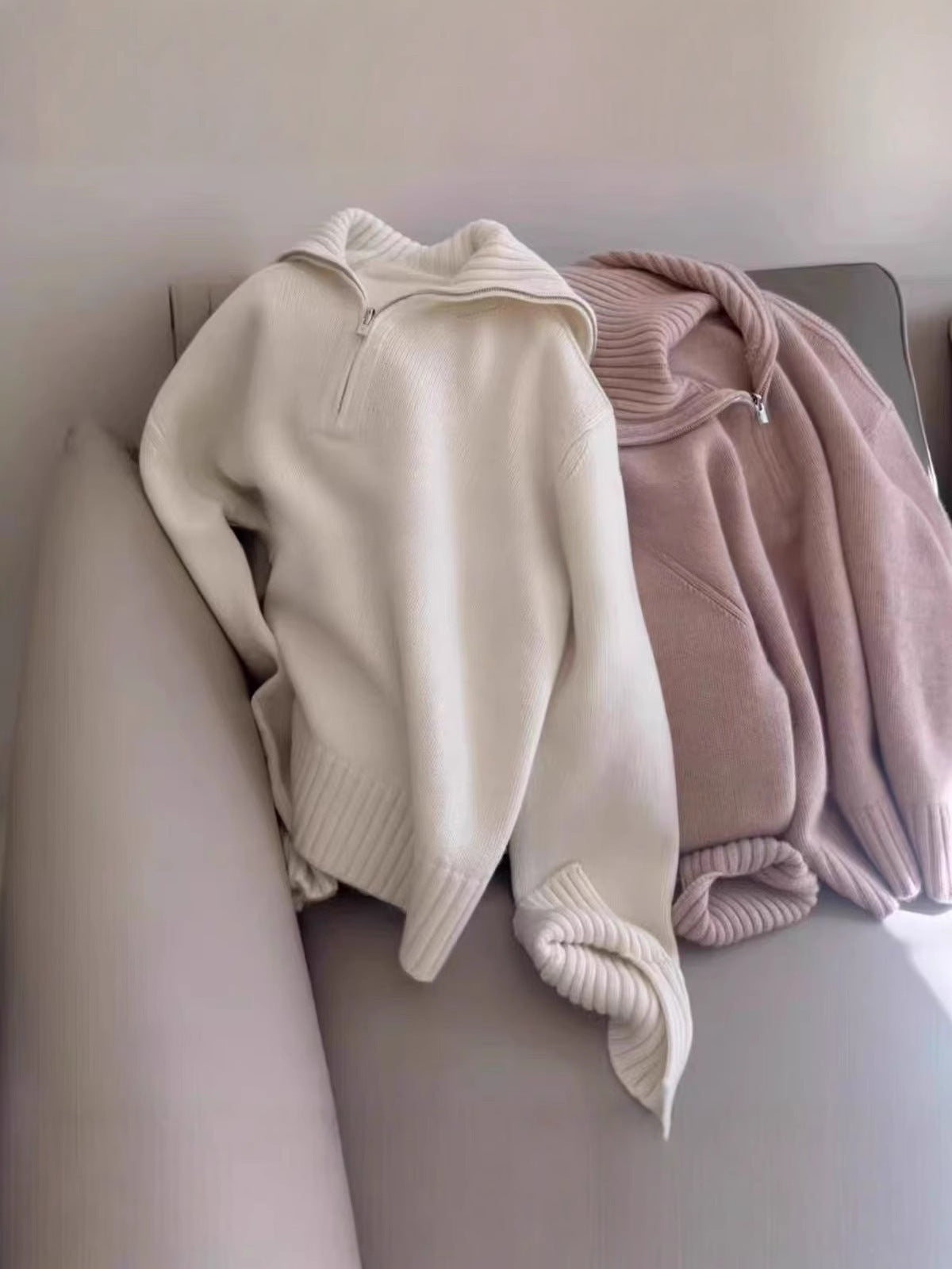 Women Oversized Fine Knit Sweater with Half Zipper and Wide Turtleneck Chichicherry
