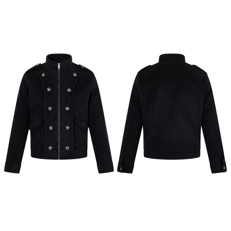 Men's short military-inspired wool jacket with stand-up collar & double-breasted decorative buttons Chichicherry