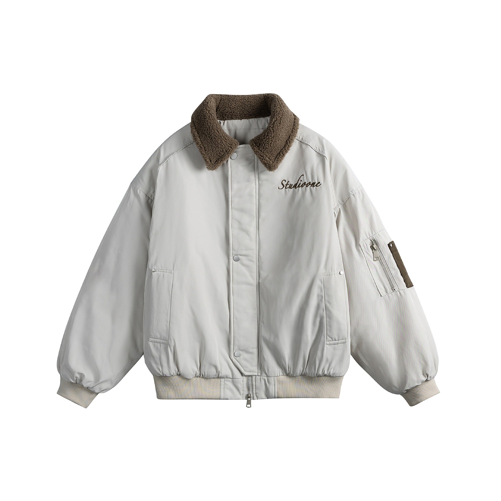 Unisex Padded Bomber Jacket with Teddy Collar and Utility Arm Pocket Chichicherry