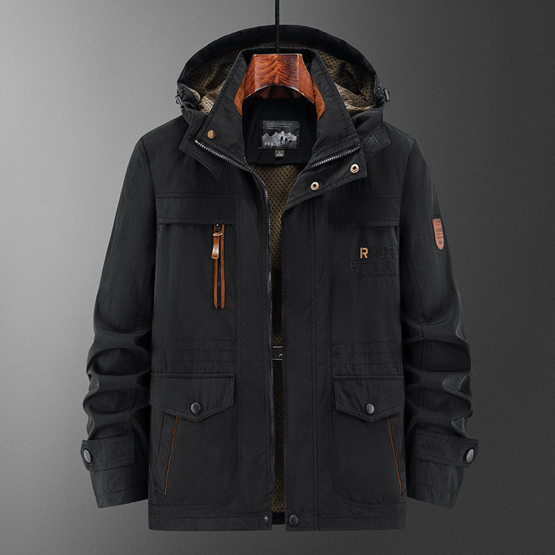Men's Technical Field Jacket with Hood, Multi-Functional Pockets and Breathable Mesh Lining Chichicherry