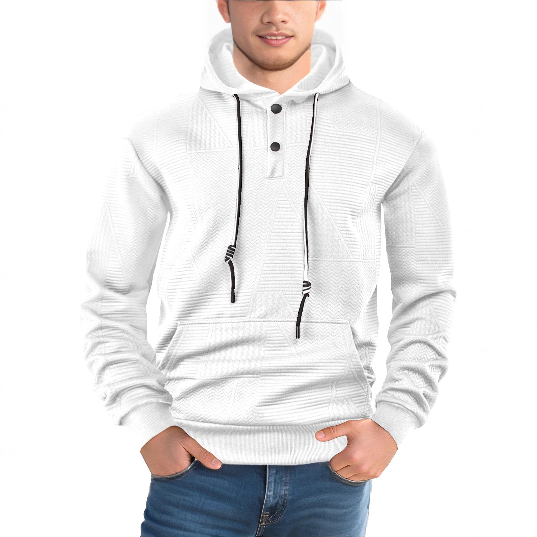 Men's Textured Hoodie with Quilted Patch Structure and Snap Button Placket Chichicherry