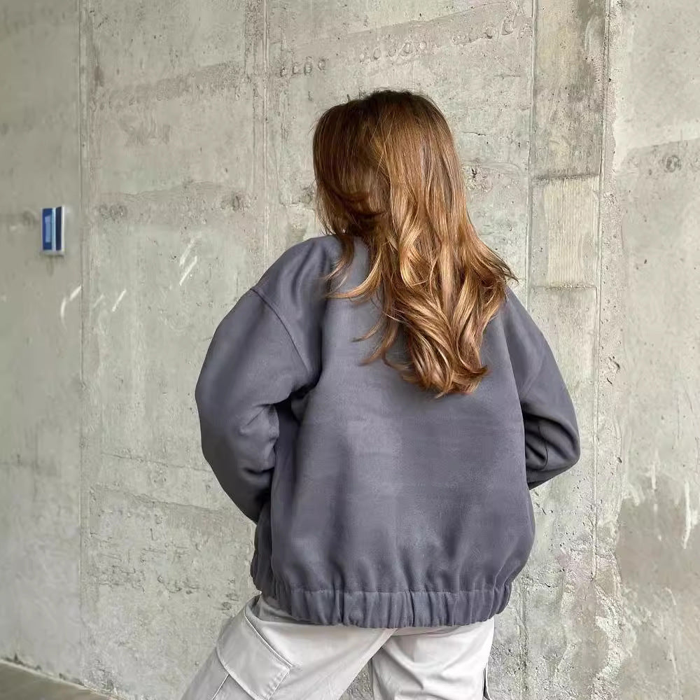 Damen Kurz geschnittene Bomberjacke aus Wollmix mit Druckknopfverschluss und elastischem Saum Chichicherry