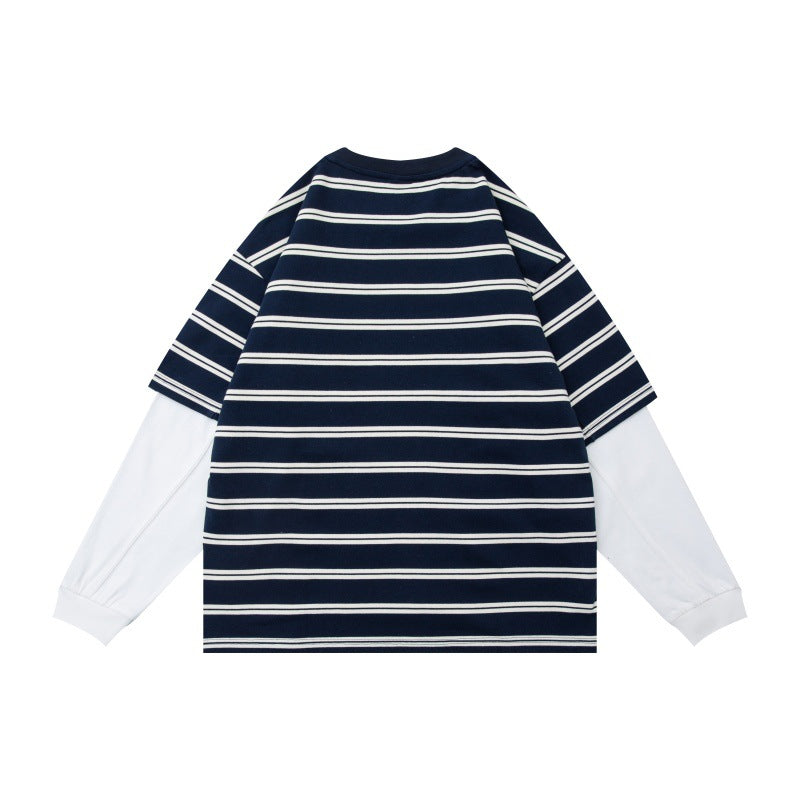Unisex Layered Look Long Sleeve Shirt with Striped Oversized Top and Inserted Inner Sleeves Chichicherry