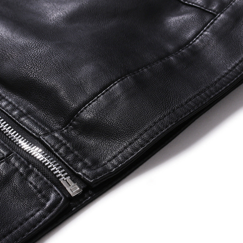 Men's Slim Fit Leather Look Blouson in Racer Minimal Style with Snap Button Stand Collar Chichicherry