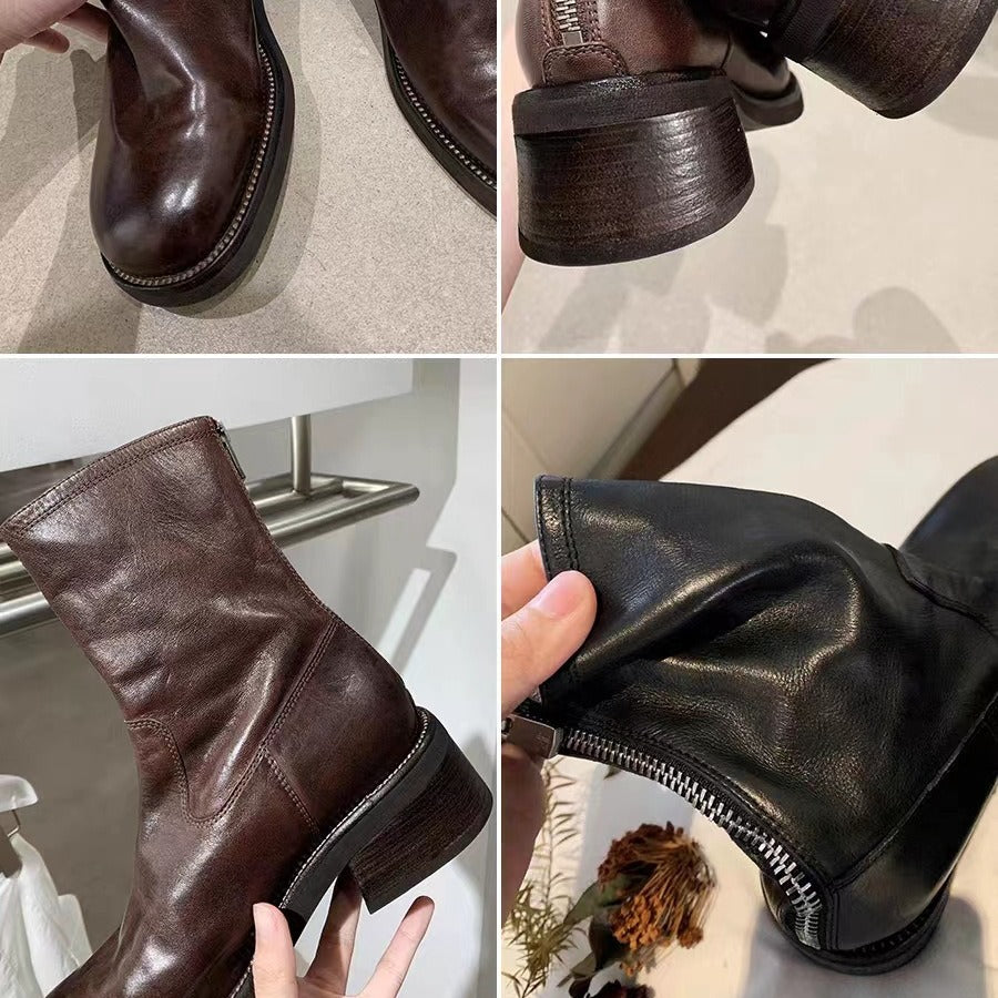 Women Mid-Calf Stretch Leather Boots with Round Toe and Profiled Platform Sole Chichicherry