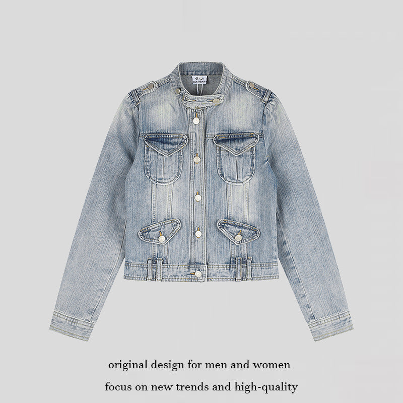 Women's Short Denim Jacket in Military Style with Stand Collar, Shoulder Epaulets and Flap Pockets Chichicherry