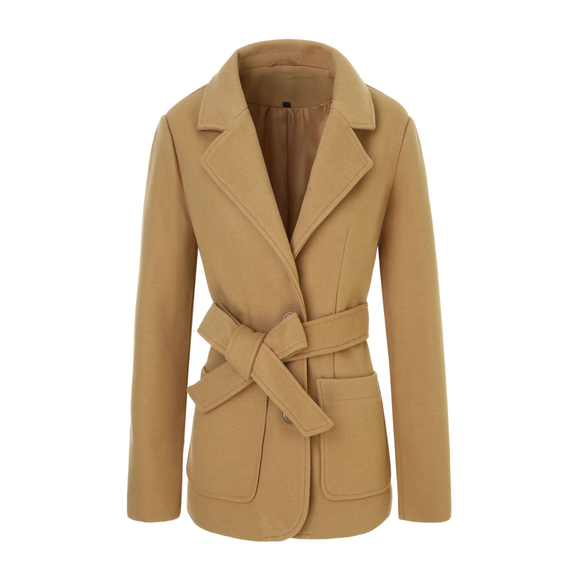 Women Tailored Short Coat with Tie Belt and Notched Collar Chichicherry