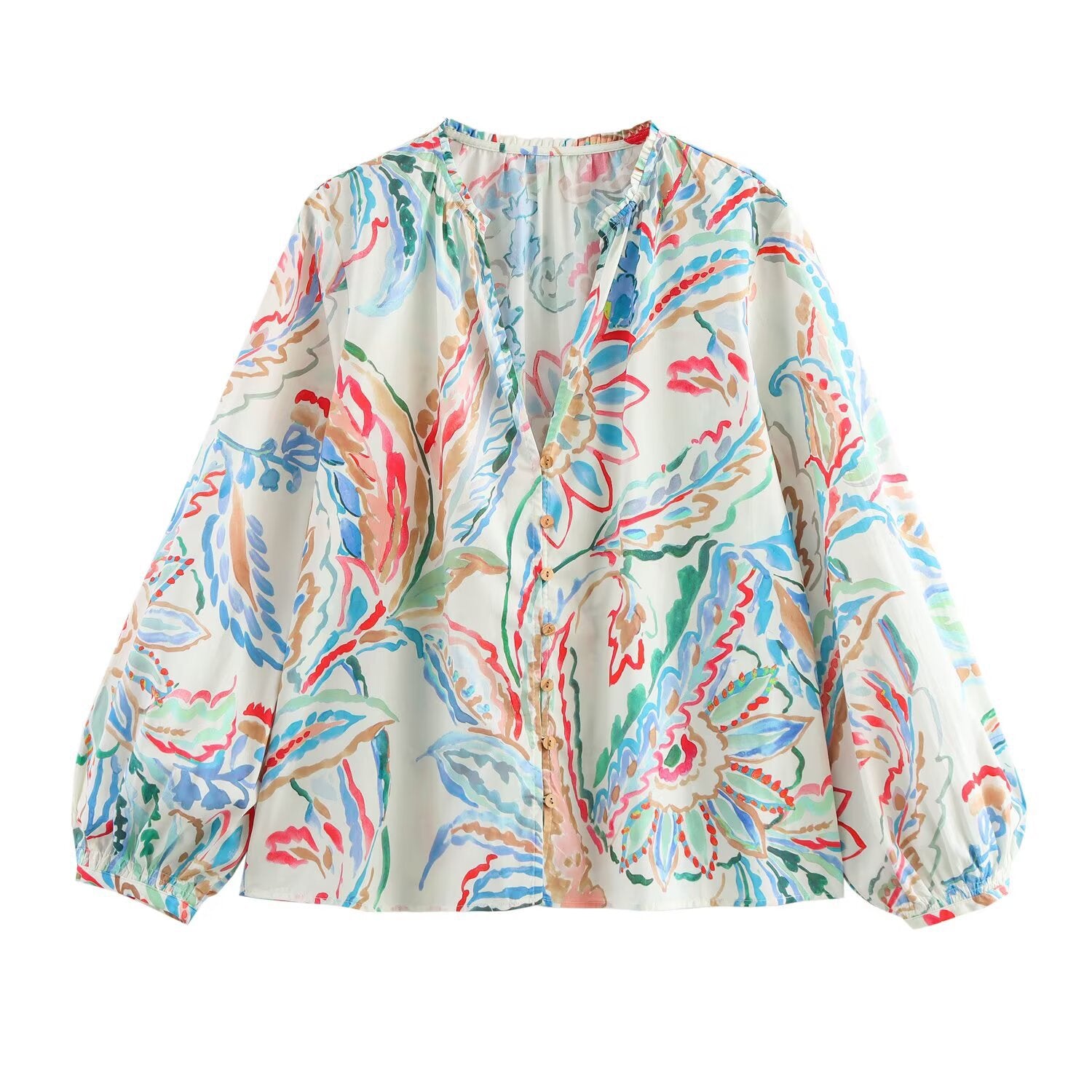 Ladies Lightweight Viscose Blouse with Watercolor Floral Print, V-Neck and Balloon Sleeves Chichicherry