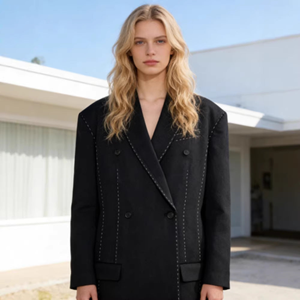 Women's Double-Breasted Oversized Blazer Coat with Distinctive Shoulder Area & Decorative Stitching Chichicherry