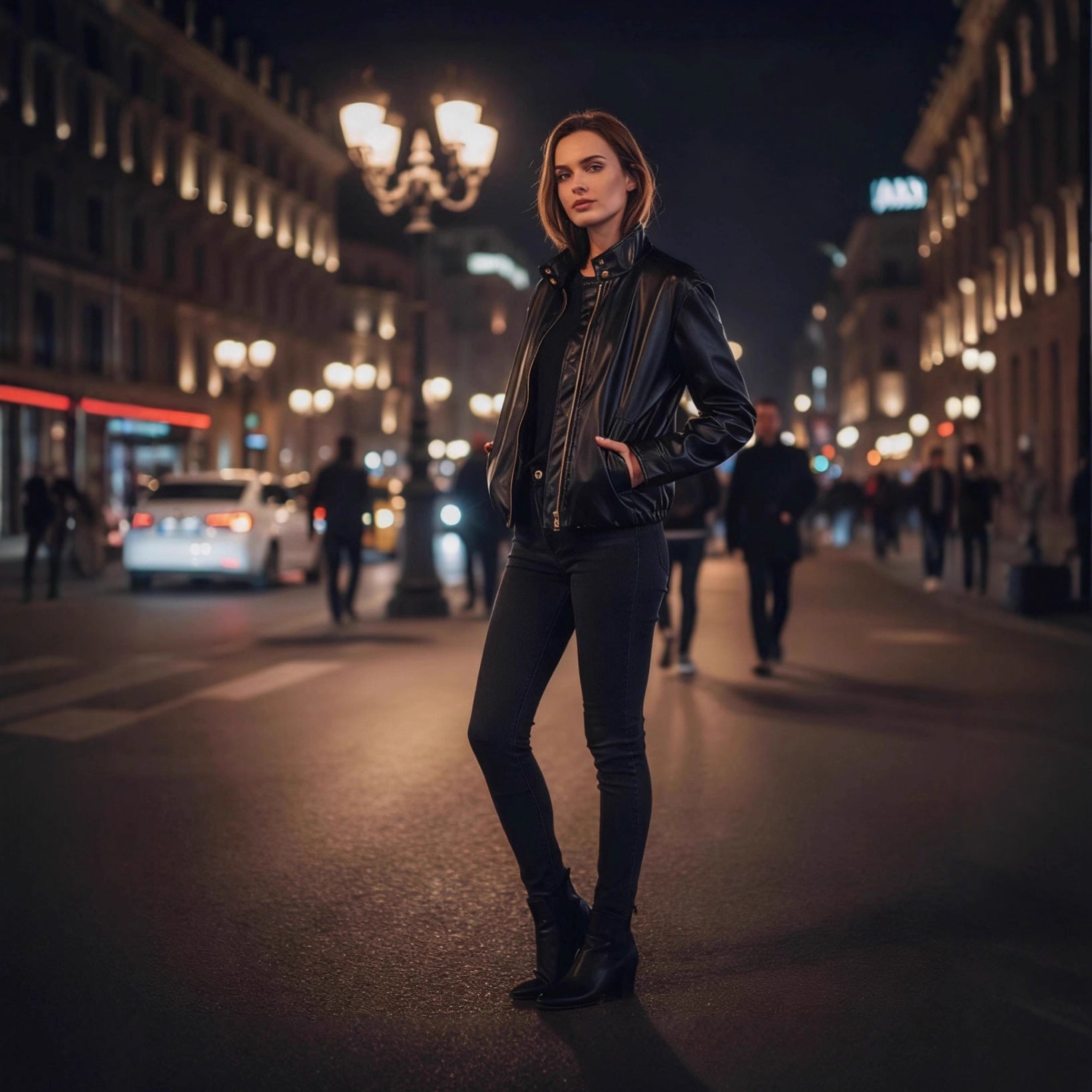 Ladies short cut faux leather bomber jacket with standing collar and zipper Chichicherry