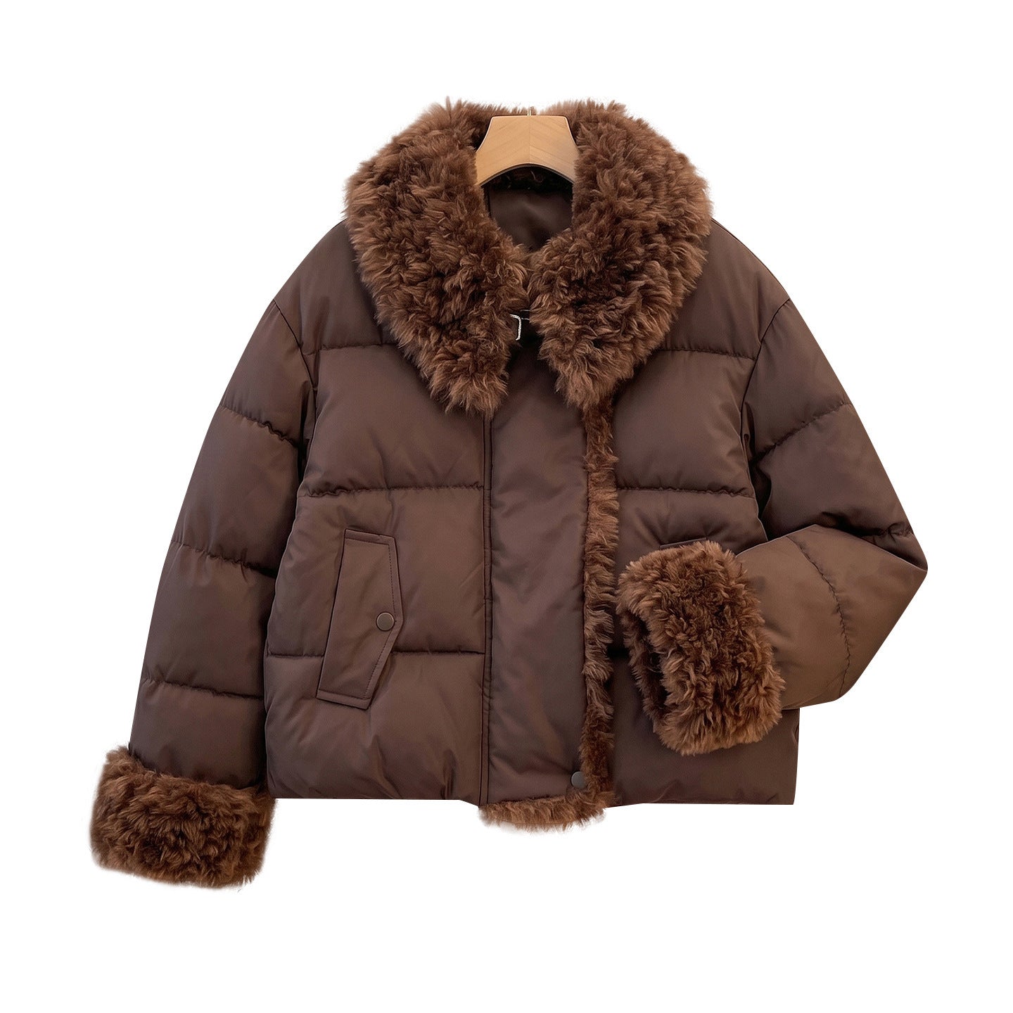 Women's short padded jacket with voluminous faux fur collar and pom pom ties Chichicherry