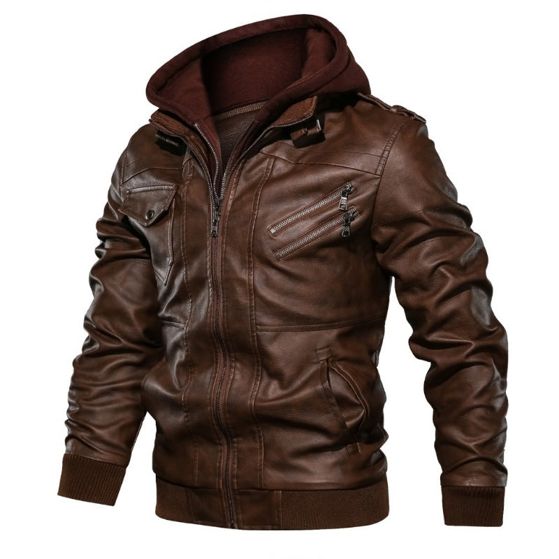 Men's Urban Hooded Leather Jacket in Biker Style with Zipper Details and Ribbed Cuffs Chichicherry