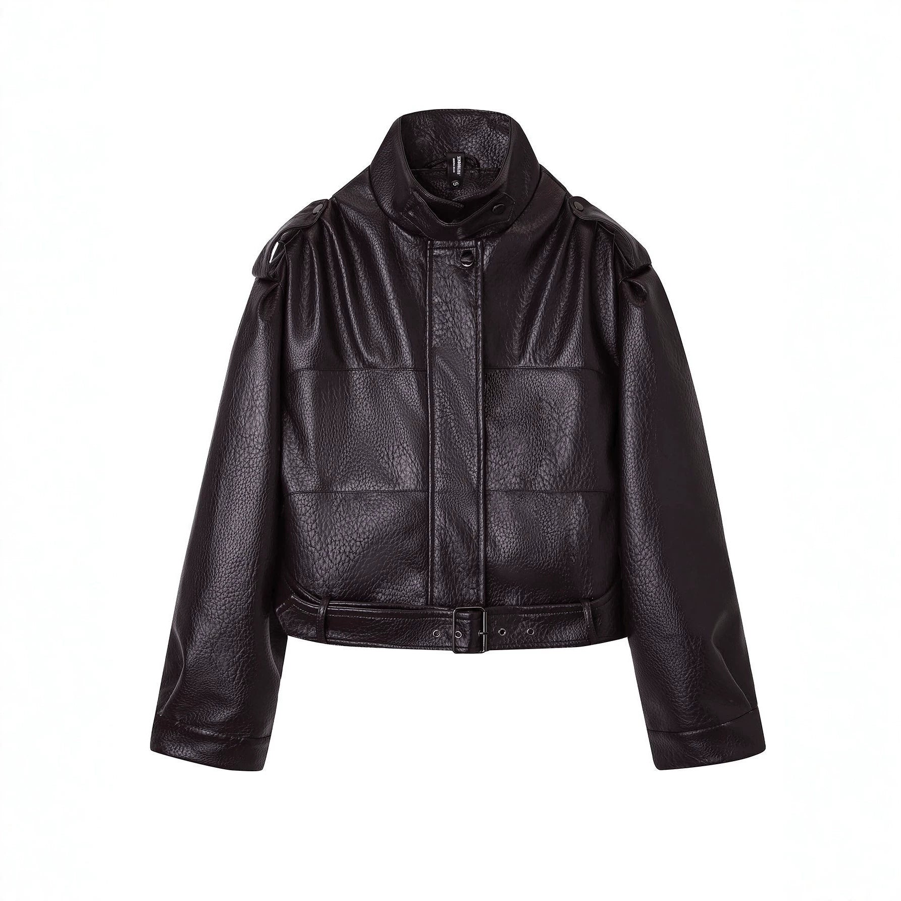 Women's short jacket in utility look made of structured faux leather with high stand-up collar and adjustable waist belt Chichicherry