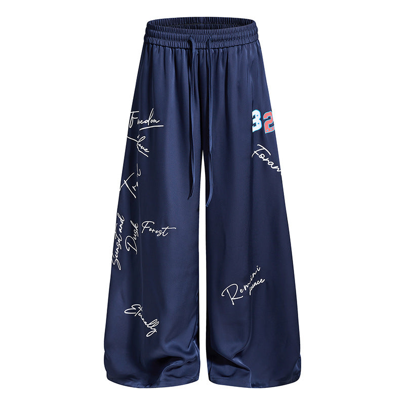 Women's Wide Satin Palazzo Lounge Pants with Elastic Waistband, Drawstring, and Script Print Chichicherry