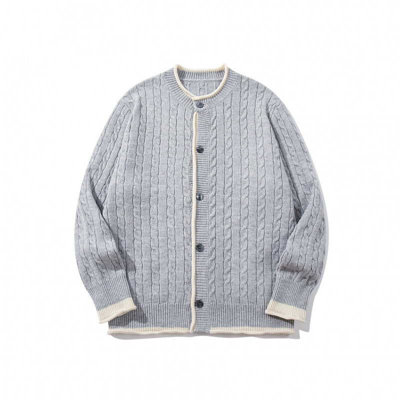Unisex fine knit cardigan with cable pattern, round neck and contrast trim Chichicherry