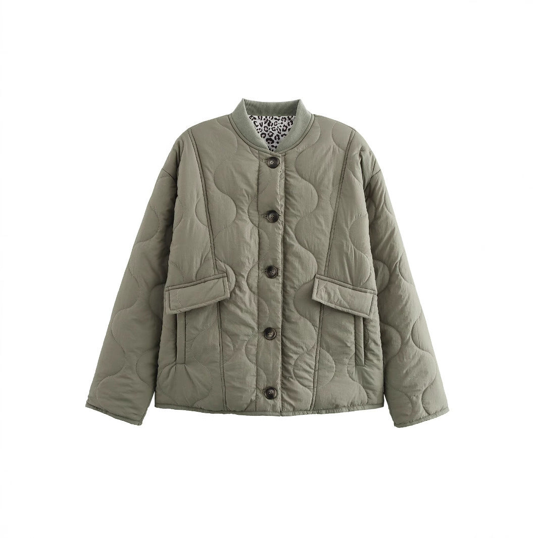 Women Padded Quilted Jacket in Boxy Cut with Round Neckline and Applied Pockets Chichicherry