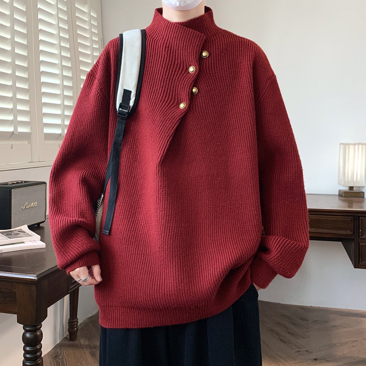 Men's Oversized Ribbed Sweater with Asymmetric Button Collar Chichicherry