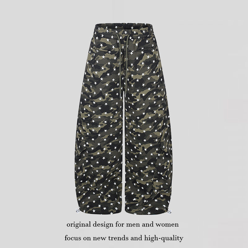 Women's casual palazzo pants in balloon cut with camouflage star print and adjustable hem drape