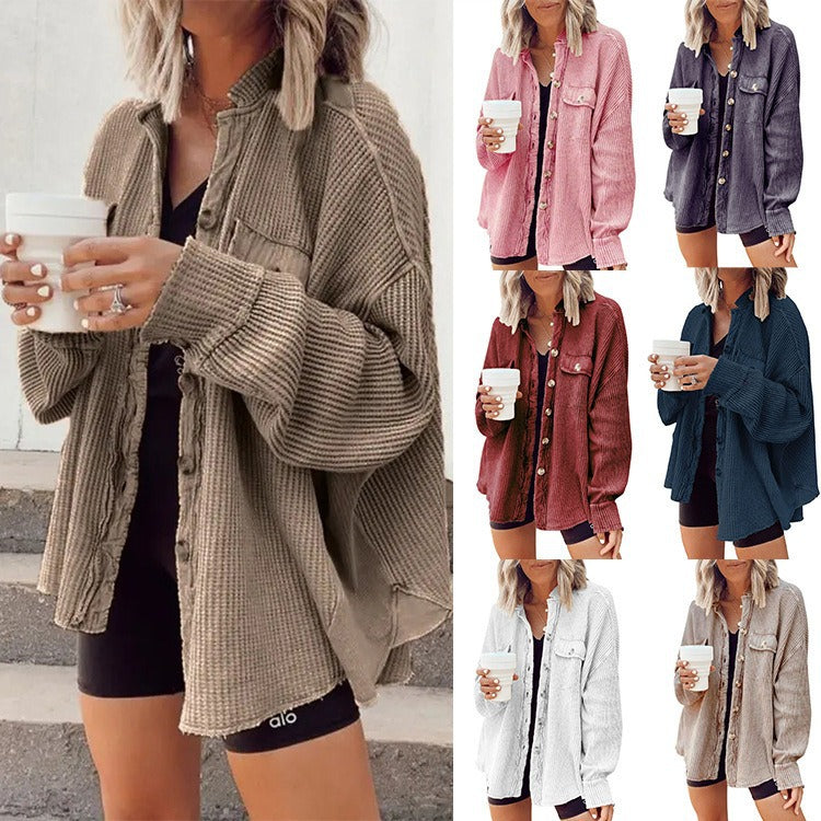 Women’s Waffle Knit Overshirt with Button Placket and Breast Pocket Chichicherry