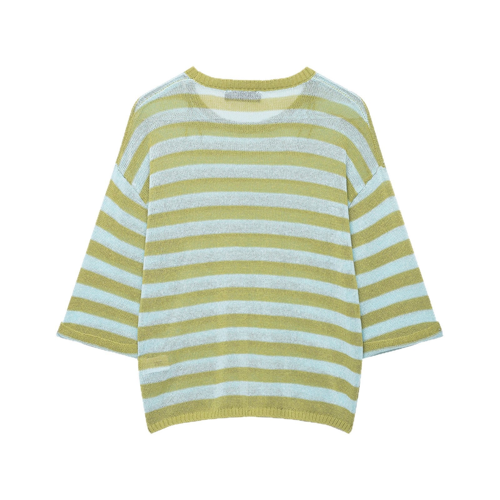 Women Light Striped Knit Poncho with Wide Short Sleeves and Boat Neck Chichicherry
