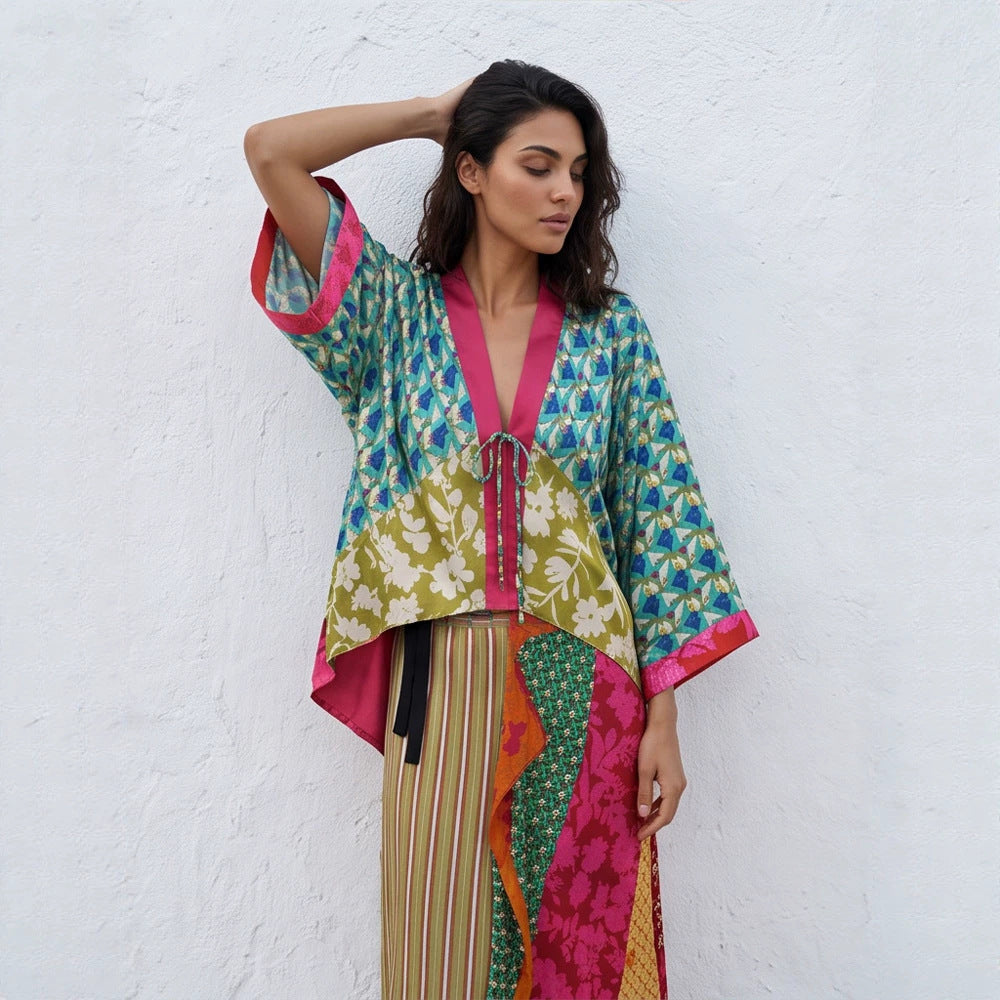 Women's Patchwork Kimono Top made of silk blend with deep V-neck and tie belt Chichicherry